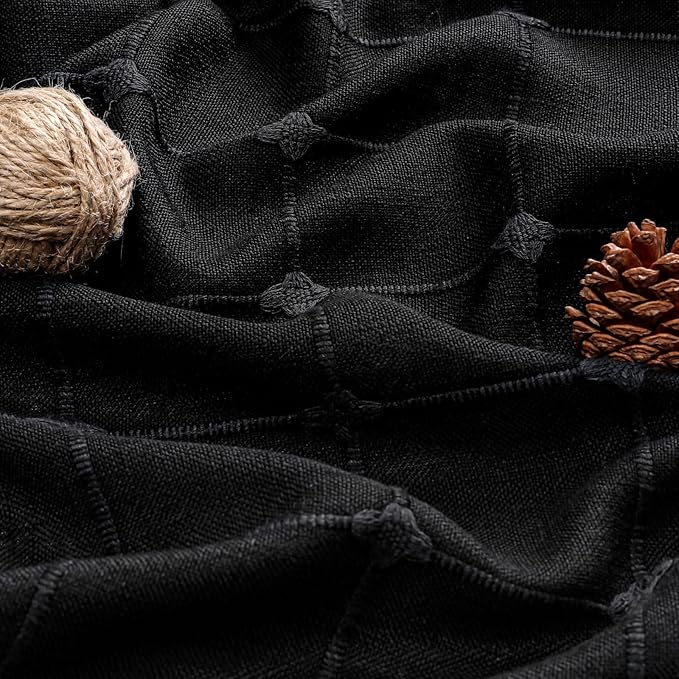 MitoVilla 72 x 84 Black Boho Extra Long Shower Curtain, Modern Farmhouse 84 inch XL Polyester Linen Texture Tassel Fabric Shower Curtain for Cottagecore Country Bathroom Decor