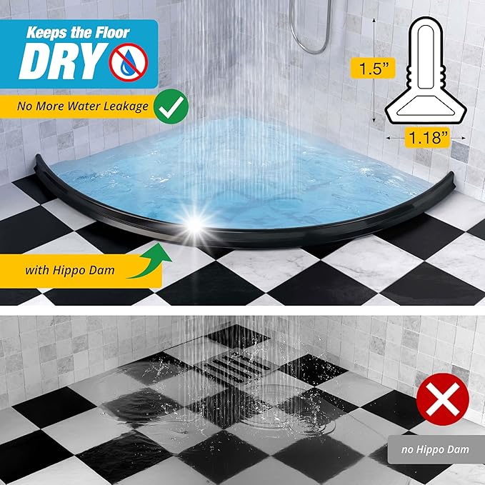 Shower Threshold Water Dam Barrier 98" - Black Collapsible Shower Water Blocker - Shower Guard for Walk in Shower - Water Guard Stopper for Floor - Shower Dam - 1.5" Tall - By Hippo Dam