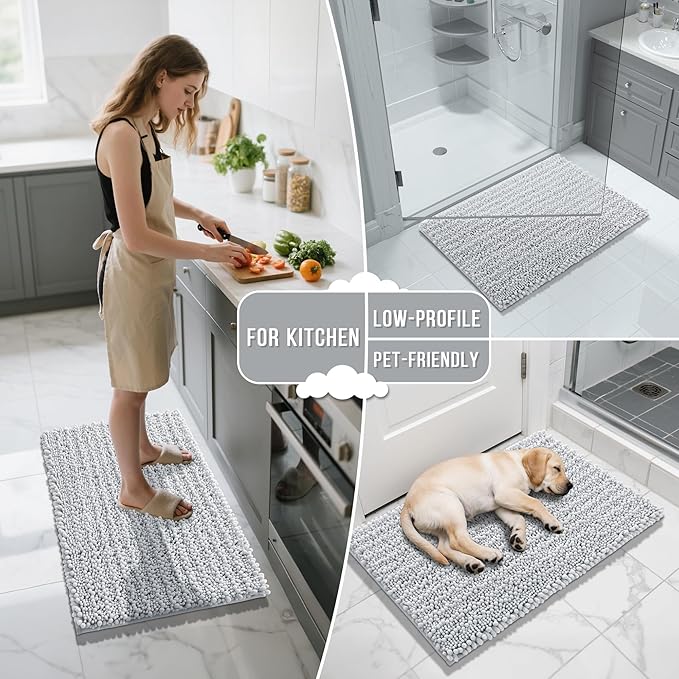 Yimobra Long Bathroom Rugs Non Slip Washable 44x24 Inch - Ultra Soft Absorbent Chenille Bath Mat, Quick Dry Shaggy Floor Carpet for Tub Shower, Silver Home Decor Accessories