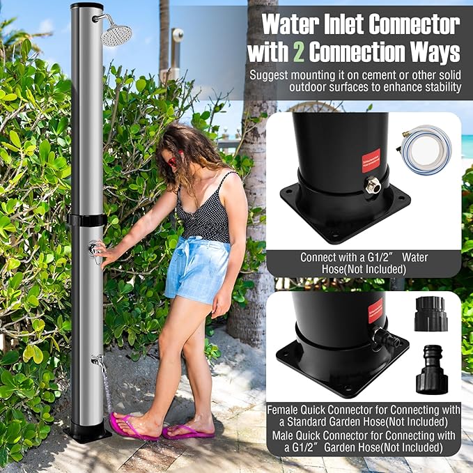 LDAILY Outdoor Shower, 10 Gallon Solar Heated Pool Shower with 360° Rotating Shower Head & Foot Tap, 7.2FT Freestanding Outside Shower Kits for Backyard, Beach, Garden (Black+Silver)