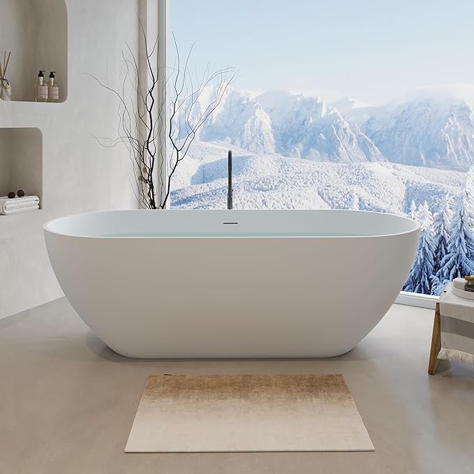 Abruzzo 59" Free Standing Solid Surface Resin Stone Bathtub, Contemporary Oval Soaking Tub with Overflow and Pop-up Drain, cUPC Certified，Matte White
