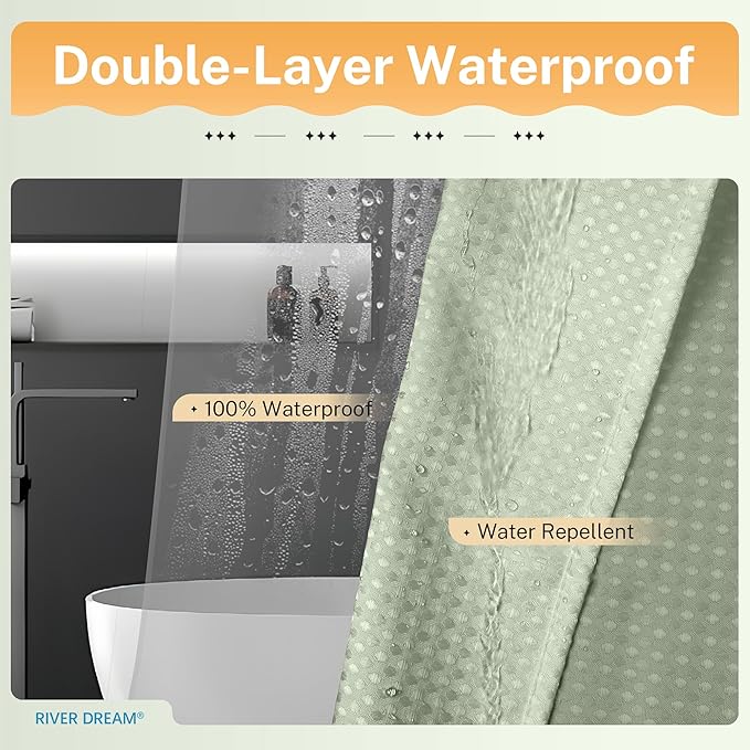 River Dream 3 in 1 Shower Curtain Set, Extra Long Waffle Fabric Shower Curtain and Waterproof Clear Liner Set with Double Sided Metal Hooks, Sage Green, 72" W*84" H