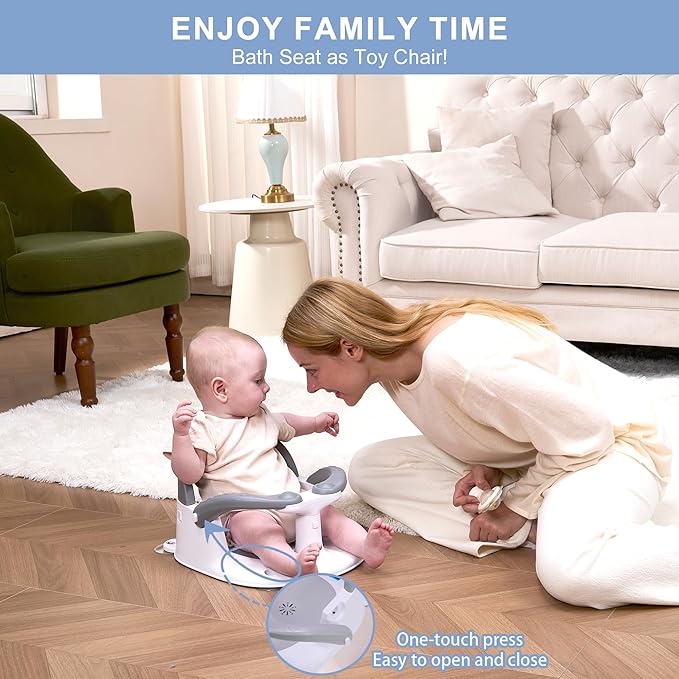 Baby Bath seat for Babies 6 Months & up, 360° Stable Toddler Bath Chair with one-Touch Button, Back Hollow Design, Water Temperature Card & 4 Suction Cups for Safety (Blue)