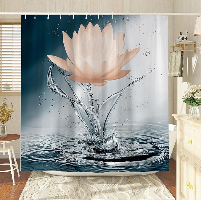 Lotus Shower Curtain Black White Blue Orange Flower Elegant Blooming Floral with Dew Spring Flower Reflection on Water Modern Romantic Polyester Fabric Bathroom Decor 70×90 Inch with Hook