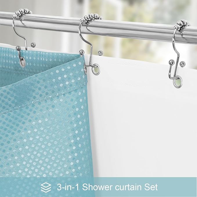 3 in 1 Long Shower Curtain Set-72 W x 78 H, Teal Blue Waffle and PEVA Liner Set with 12 Stainless Steel Hooks, Waterproof Fabric for Bathroom