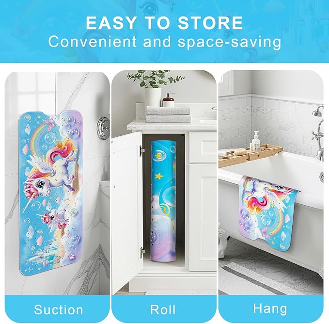 Upgrade Cartoon Baby Bath Mat Non Slip - 40"x16" Extra Long Bathtub Mat for Baby Eco Friendly Durable Bath Mat for Tub Non Slip Kids Tub Mat with Suction Cups, Machine Washable and No Fading, Unicorn