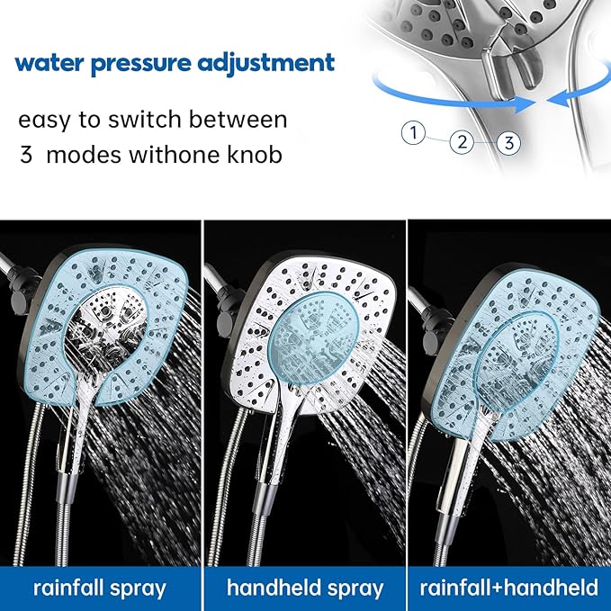 Shower Head with Handheld Spray Combo 2 in 1 Rainfall High Pressure with 59" Rotatable Stainless Steel Hose 9 Spray Modes Detachable Silver