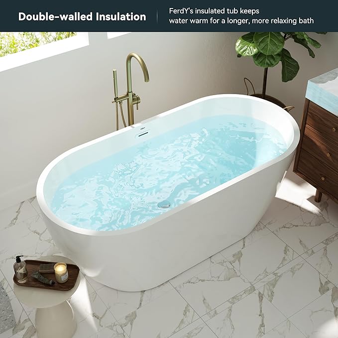 FerdY Bali 59" Acrylic Freestanding Bathtub,Gracefully Shaped Freestanding Soaking tub, Glossy White, cUPC Certified, Chrome Drain & Classic Slooted Overflow Assembly Included