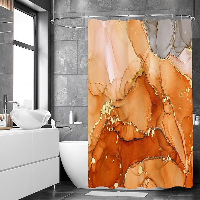 Small Stall Marble Shower Curtain 36 x 72 Inch, Half Narrow Abstract Modern Shower Curtains for Bathroom, Luxury Art Ink Texture Fabric Shower Curtain Set with Hooks, Orange