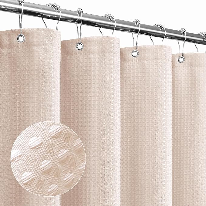 Gibelle Extra Long Shower Curtain 72 x 84, Tall Waffle Weave Textured Fabric Shower Curtain for Bathroom, Water Repellent, Machine Washable, Blush Pink