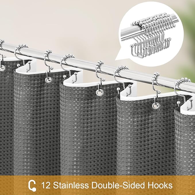 3 in 1 Shower Curtain Set, Charcoal Grey Waffle Fabric Modern Shower Curtain and PEVA Liner Set with 12 Stainless Steel Shower Curtain Hooks, Dark Grey, 72 W x 72 H