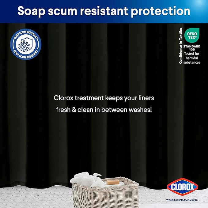 CLOROX 2-in-1 Bathroom Shower Curtain Liner, Durable Fabric, Weighted Magnets for Bath Water Control, Washable Premium Quality, Modern - 72" x 72" Black