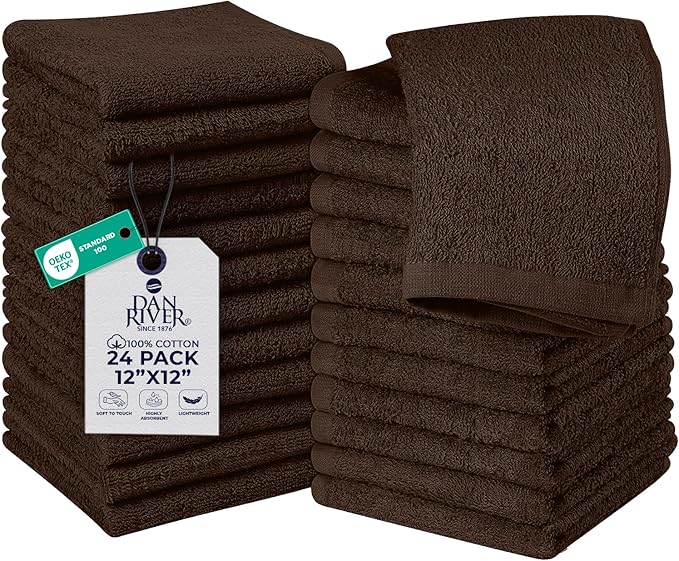 DAN RIVER 24 Pack Wash Cloths for Showering [12x12] - 100% Cotton Washcloths Premium Quality Flannel Face Cloths for Bathroom, Highly Absorbent and Soft Feel Wash Clothes, Brown