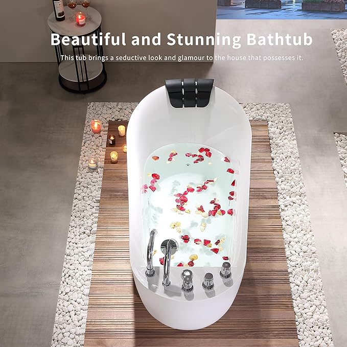 Empava 59 Inch Acrylic Freestanding Whirlpool Tub, Hydromassage Gracefully Oval Shaped Whirlpool 7 Water Jets Soaking SPA, Lumbar and Neck Support, Black Pillow, ETL Certified, White