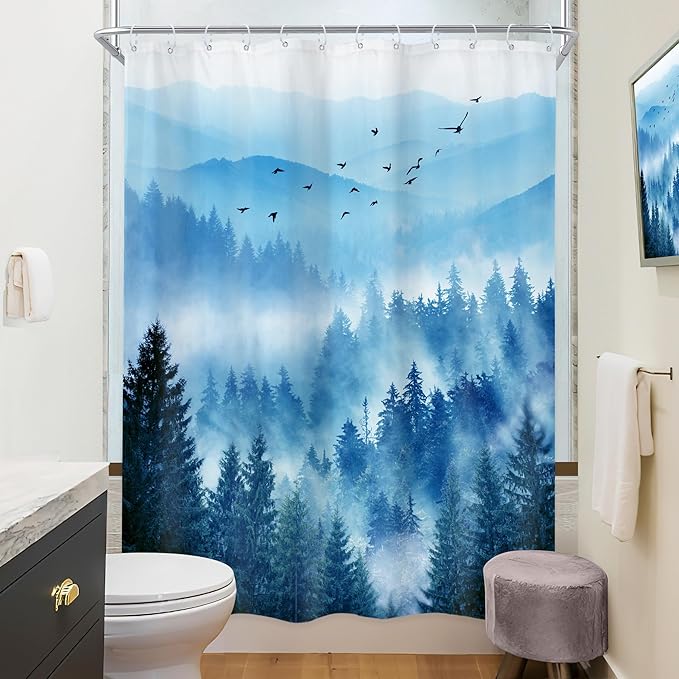 Riyidecor Navy Blue Shower Curtain 48Wx72H Inch,Stall Narrow Rv Small Nature Mountain Woods,Rustic Landscape Scenery Pine Tree Woodland Cool Bathroom Decor Fabric Polyester Waterproof 12 Pack Hooks