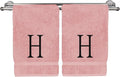 Monogrammed Hand Towel, Personalized Initial Gift, Extra Absorbent 100% Turkish Cotton - Soft Terry Finish - Set of 2 - Black Block Initial H - Embroidered on Pink Towels