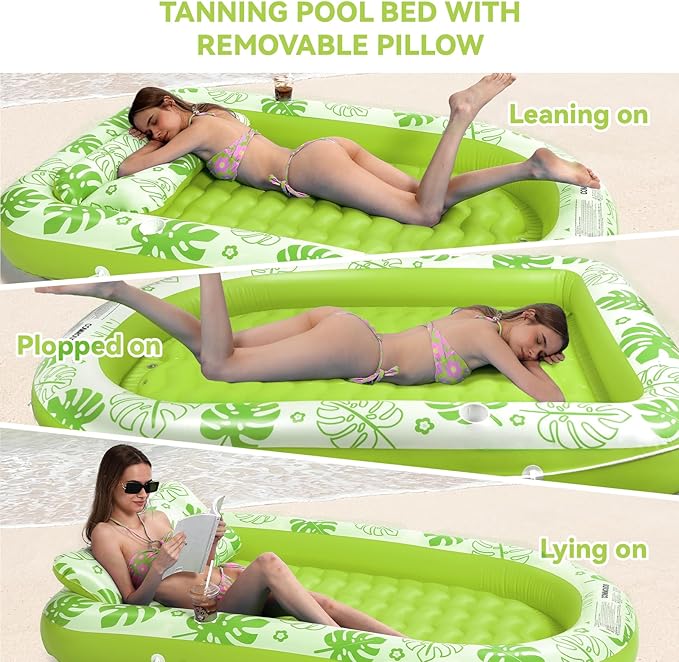 Inflatable Tanning Pool Lounger Float with Cervical Pillow - Pool Floats Adult for Sunbathing, Backyard, Pool Party - Inflate Ball Pit for Babies - Kids Swimming Pool Bed