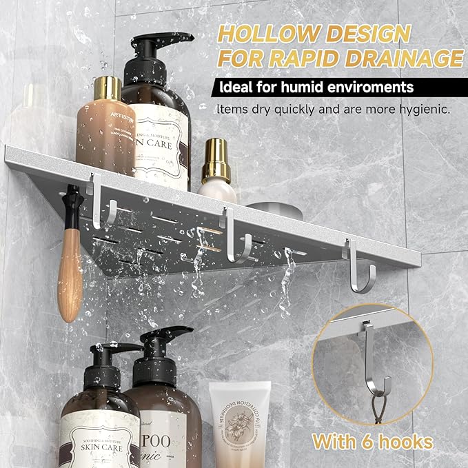 Corner Shower Shelf 10" Silver 304 Stainless Steel Recessed Shelf for Bathroom，Shower Corner Rack with Razor Hole Hook， Grout in Shelf for Tiled Wall, 2 Pack
