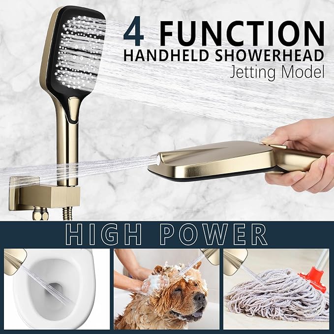 Shower Faucet Set Rainfall Shower System Push Button Diverter Shower Faucet with 4 in 1 Handheld, Ceiling Mount 12 Inch Shower Head and 6 Inch Wall Mount Shower Head