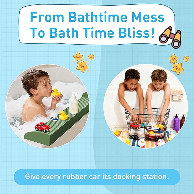 Roslim Bathtub Splash Guard for Tub - Silicone Bath Ledge for Toddlers, Tub Play Shelf for Kids with Suction Cups, Bathtub Side Tray for Bath Toys, Bathroom Accessories for Toddlers, Olive Green