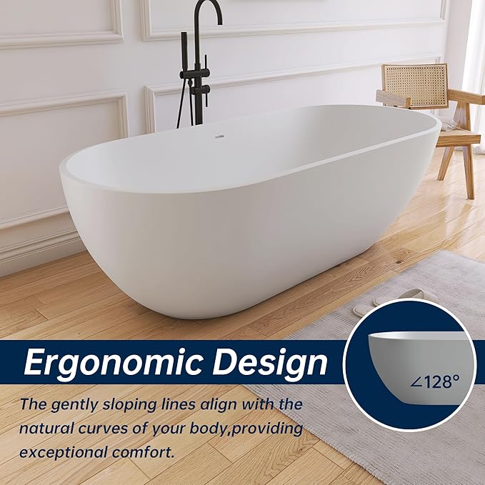 69'' Freestanding Tubs Bathtub Solid Surface Resin Stone Bathtubs soaker Tubs Oval Shaped Matte Luxury Modern Soaking Tub with Overflow and Pop-up Drain - White…