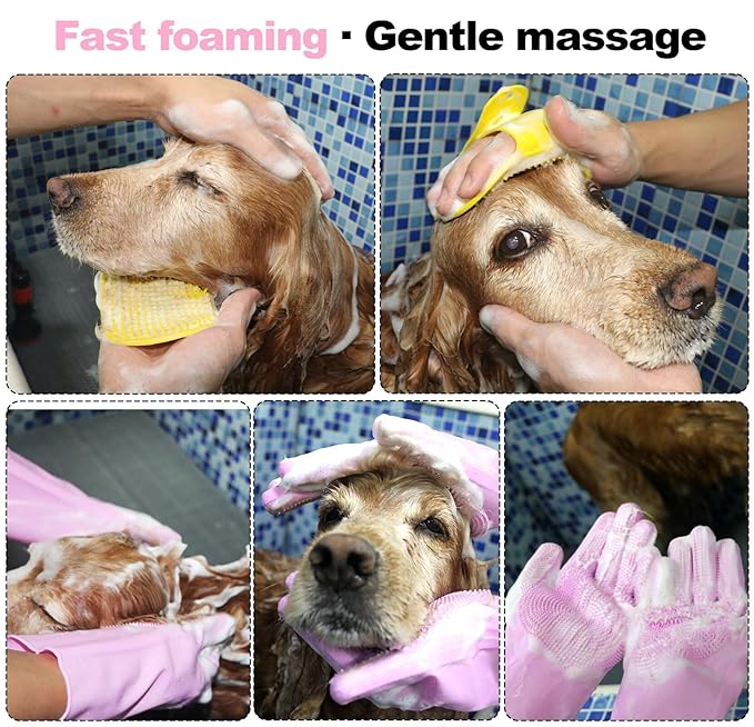 Pet Grooming Gloves and Brush Set, Dog and Cat Bath Scrubber Silicone Gloves Small