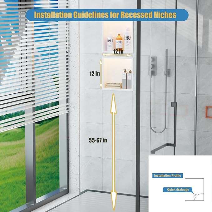 Shower Niche 12"x12" ，Lighted Niche for Shower Wall Stainless Steel Waterproof Shelf，Shower Lighting with Bathroom Storage ，Matte White （ 12"x 12"）