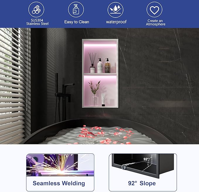2-Tiers 12x24 Wall Niche with RGB LED Light Strips, White Shower Niche Cabinet, Stainless Steel Bathroom Shelf, NO Tile Needed Recessed Cubby Storage Organizer