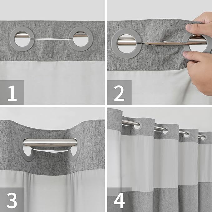 Long No Hooks Needed Linen Textured Shower Curtain with Snap-in Fabric Liner Set,Grey Hotel Luxury Decor Shower Curtains for Bathroom,Waterproof & Washable,71Wx80H