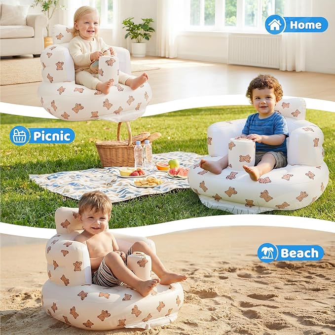 UNEEDE Inflatable Baby Seat for 3 Months & Up, Infant Floor Chair for Sitting Up with Built in Air Pump, Lightweight Travel Baby Bath Seat for Home, Camping, Beach & Outdoor