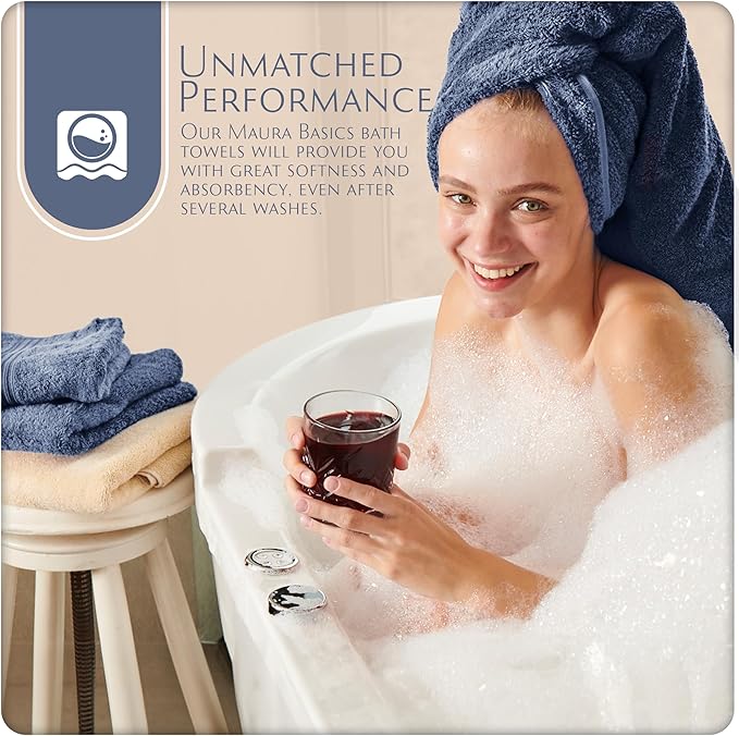 MAURA Basics Performance Bath Towels 100% Turkish Cotton with Hook Loops. Extra Large Luxury Absorbent Plush Towel Sets for Bathroom, Daily Use American Standard Size 27”x54”, Denim Blue