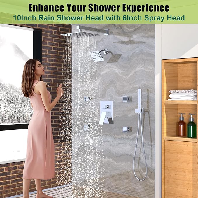 Enga Shower Faucet Set, Dual Shower Head System with Body Jets, 10" & 6" Rain Showerheads with 4 Jets, 2 in 1 Handheld Spray, 4 Way Shower Diverter, Chrome