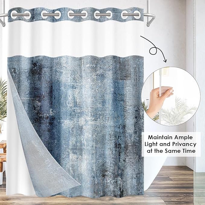 No Hook Grey Navy Blue Painting Shower Curtain with Snap in Fabric Liner Set, Abstract Double Layers Waterproof Fabric with See Through Top Window Open Grommet Bath Curtain 71x74 Inch