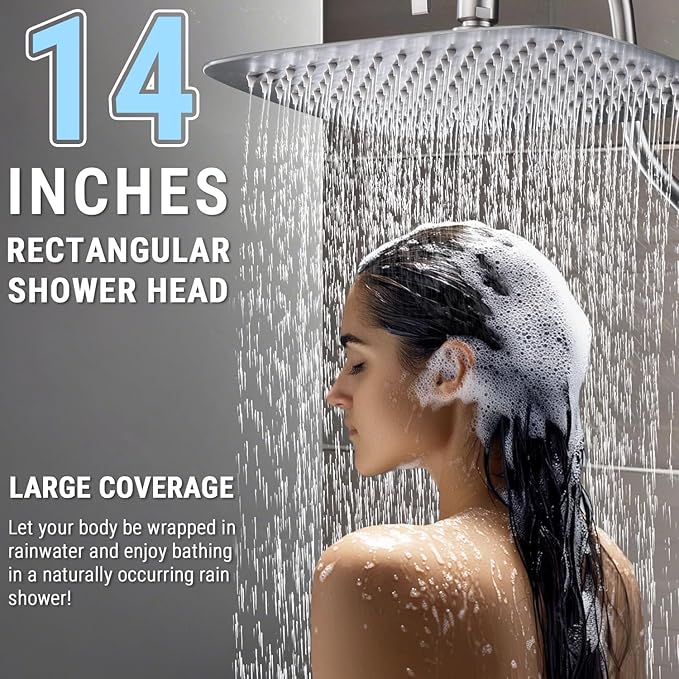 G-Promise 14 Inches Shower Faucet Sets Complete, All Metal Rainfall Shower Head and Handle Set, Extended Downward Diverter, Extension Arm and Pressure Balance Rough-in Valve Included
