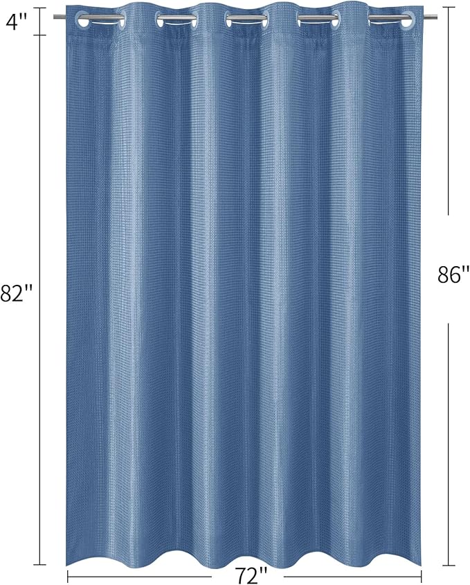 MitoVilla No Hooks Needed Extra Long Shower Curtain Liner Set, Blue 86 inch XL Heavyweight Waffle Fabric Cloth Shower Curtains Set with Snap-in Liner for Modern Luxury Hotel & Spa Bathroom Decor