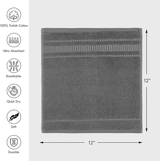 Melissa Linen, 4 Piece Washcloth, 100% Turkish Cotton Towel Set for Bath and Kitchen, 12 in x 12 in, Absorbent, Quick Dry, Durable and Soft, Wash Rags, Dark Gray