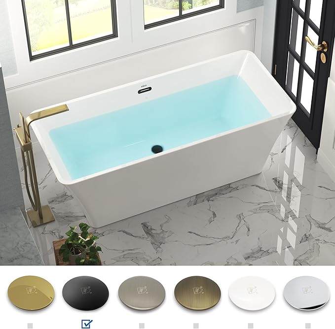 FerdY Sentosa 67" Acrylic Freestanding Bathtub, Contemporary Design Soaking Tub with Matte Black Drain and Matte Black Overflow, Easy to Install