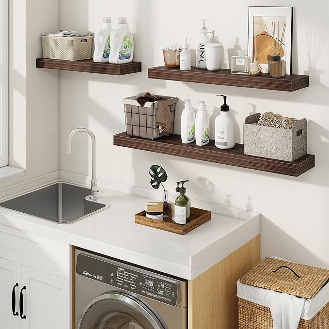 fuqing Floating Shelves for Wall, Wall Mounted Wood Floating Shelf with Invisible Brackets for Living Room, Bathroom, Bedroom, Kitchen Storage and Decor, 24 Inch Set of 2, Walnut