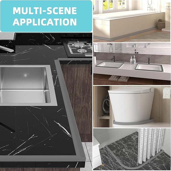 Shower Threshold Water Dam,Walk in Shower Water Guard, Shower Dam Water Barrier Bathroom Sink Splash for Dry And Wet Separation Caulk Seal Strip Edge Trim (78Inch, Gray)