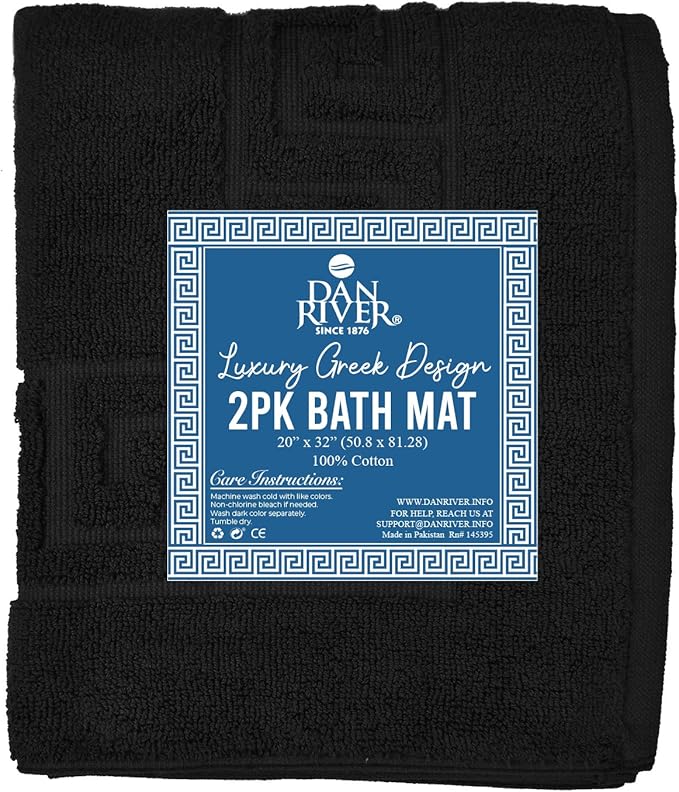 DAN RIVER Greek Cotton Bath Mats Set of 2 – Not a Bathroom Rug, Ultra Soft, Highly Absorbent & Machine Washable Bath Mat Towel for Bathroom Floor Mat – Durable, Quick-Dry, 21x34 Inches, Black
