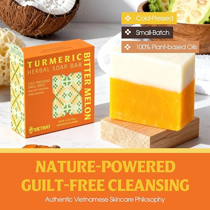 Turmeric & Bitter Melon 2-in-1 Luxurious Natural Soap Bar (4.2 oz) | Herbal Freshness & Gentle Refreshing Cleanse | Cold-Processed, Handmade in Vietnam
