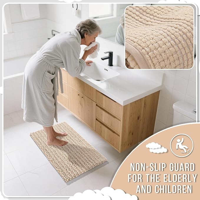 Yimobra Bathroom Rugs Sets 2 Piece - Quick Dry Extra Thick Luxury Chenille Bath Mat, Non Slip Super Absorbent for Tub Shower Sink, Machine Washable Shaggy Floor Mat, 32"x20"+24"x17" Inch, Light Brown