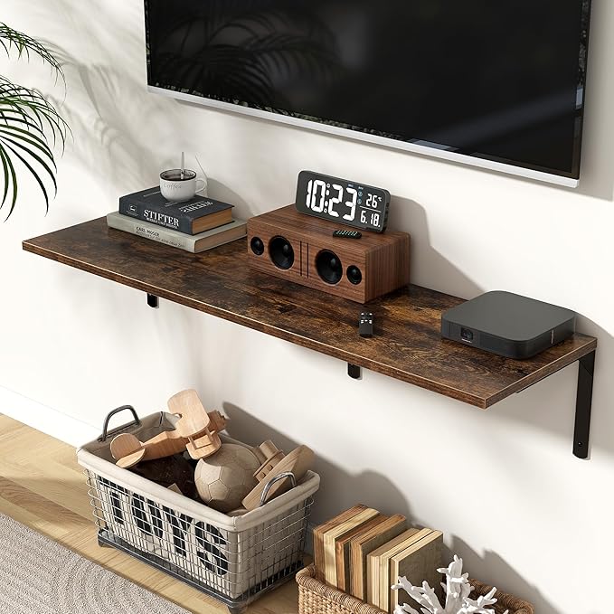 Fun Memories Rustic Brown 12 Inch Deep Floating Shelves Set of 2, Wall Mounted Shelf with Metal Brackets, Rustic Wood Wall Shelf for Bathroom, Kitchen and Living Room, Rustic Brown, 48W x 12D