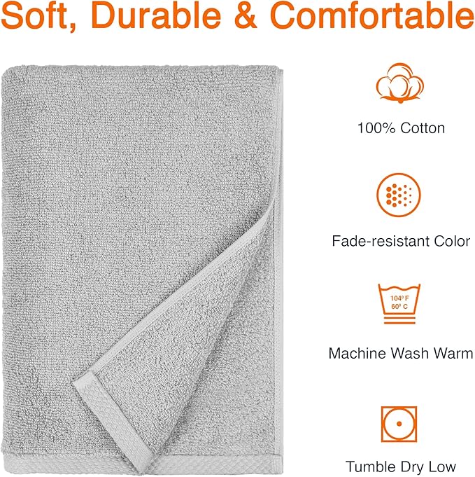 Amazon Basics 2 Piece Quick-Dry Oversize Bath Towel, 100% Cotton, Platinum, 54" x 30" (Pack of 12)