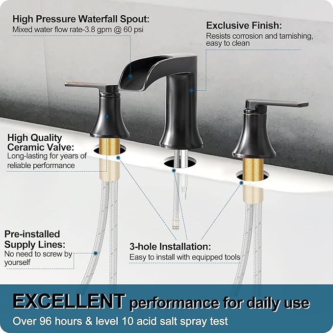 Oil Rubbed Bronze Waterfall Tub Faucet 3 Hole, Brass High Flow Roman Bathtub Faucet, Widespread Bathtub Faucets 6-16 Inch 2 Handle Deck Mount