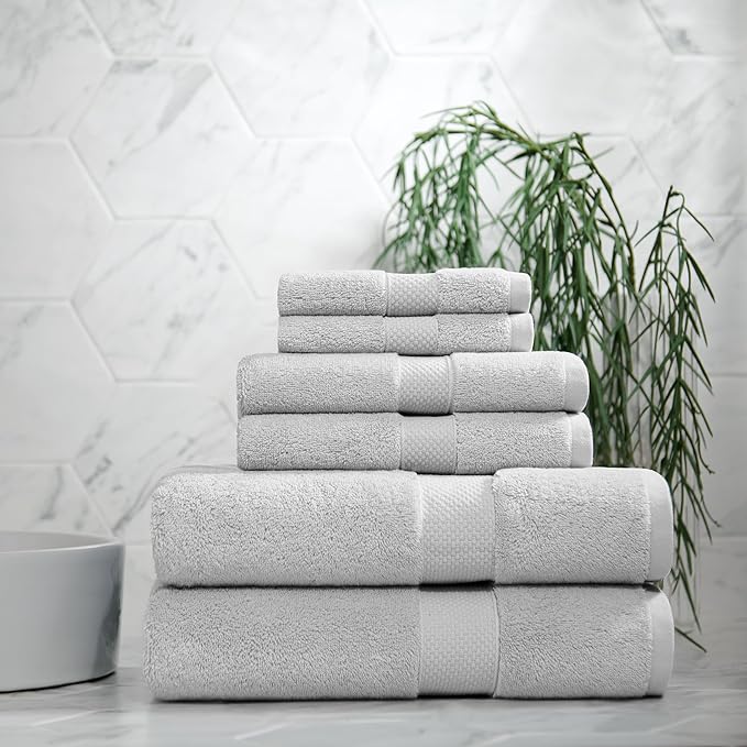 Aston & Arden Egyptian Wash Cloths - Pack of 6 - Oversized Ultra Soft Thick & Absorbent, 100% Ringspun Egyptian Cotton Bathroom Towel for Spa, Hotel, 600 GSM, 13 x 13 in, Light Grey
