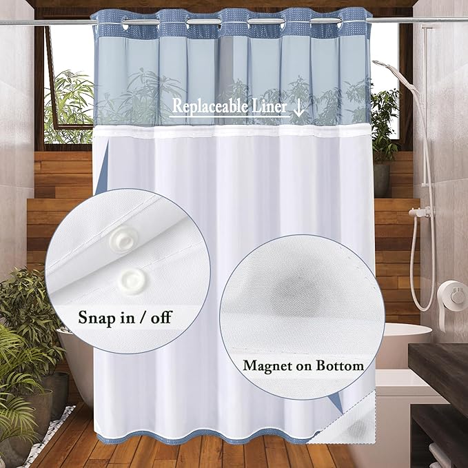 Gibelle No Hook Waffle Weave Shower Curtain with Snap-in Fabric Liner Set for Bathroom, Hotel Style with Mesh Top Window, Waterproof & Washable, Moonlight Blue, 72x74