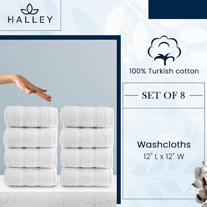 HALLEY Turkish 8 Pack Premium Washcloths (8 Pieces) 650 GSM Highly Absorbent Super Soft 100% Cotton - 8 Washcloths (White)
