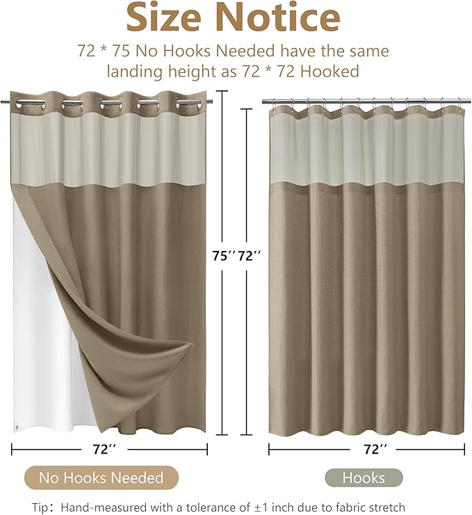 No Hook Waffle Weave Shower Curtain Set with Snap-in Fabric Liner and Mesh Top Window,256GSM Heavy Duty Fabric,Khaki Washable Luxury Shower Curtain for Bathroom Stalls (72x75 Inch)