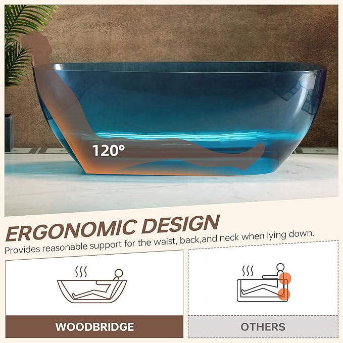 WOODBRIDGE 63" L x 28-3/8" W Transparent Blue Stone Resin Freestanding Soaking Tub with Double Ended Design